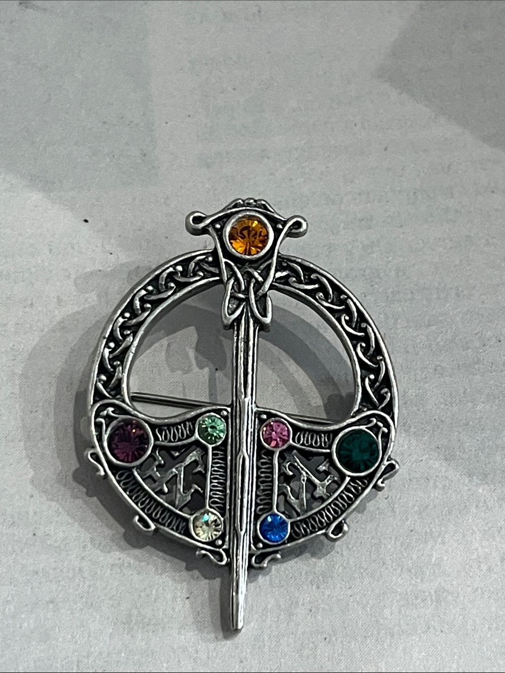 Celtic Silver Tone Gemmed Brooch Pendant - Multicolor Stones